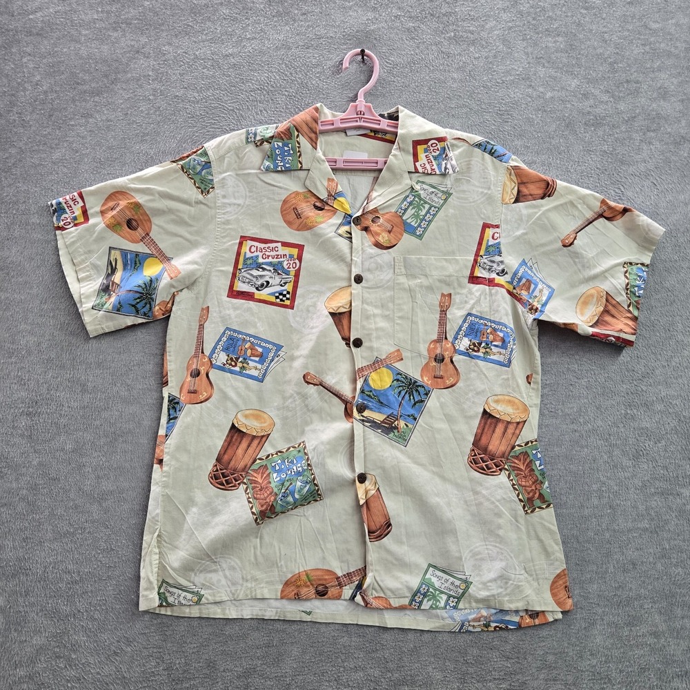 VINTAGE Barefoot Men Button Shirt M Beige Ukuleles Tropical Scene 90s USA